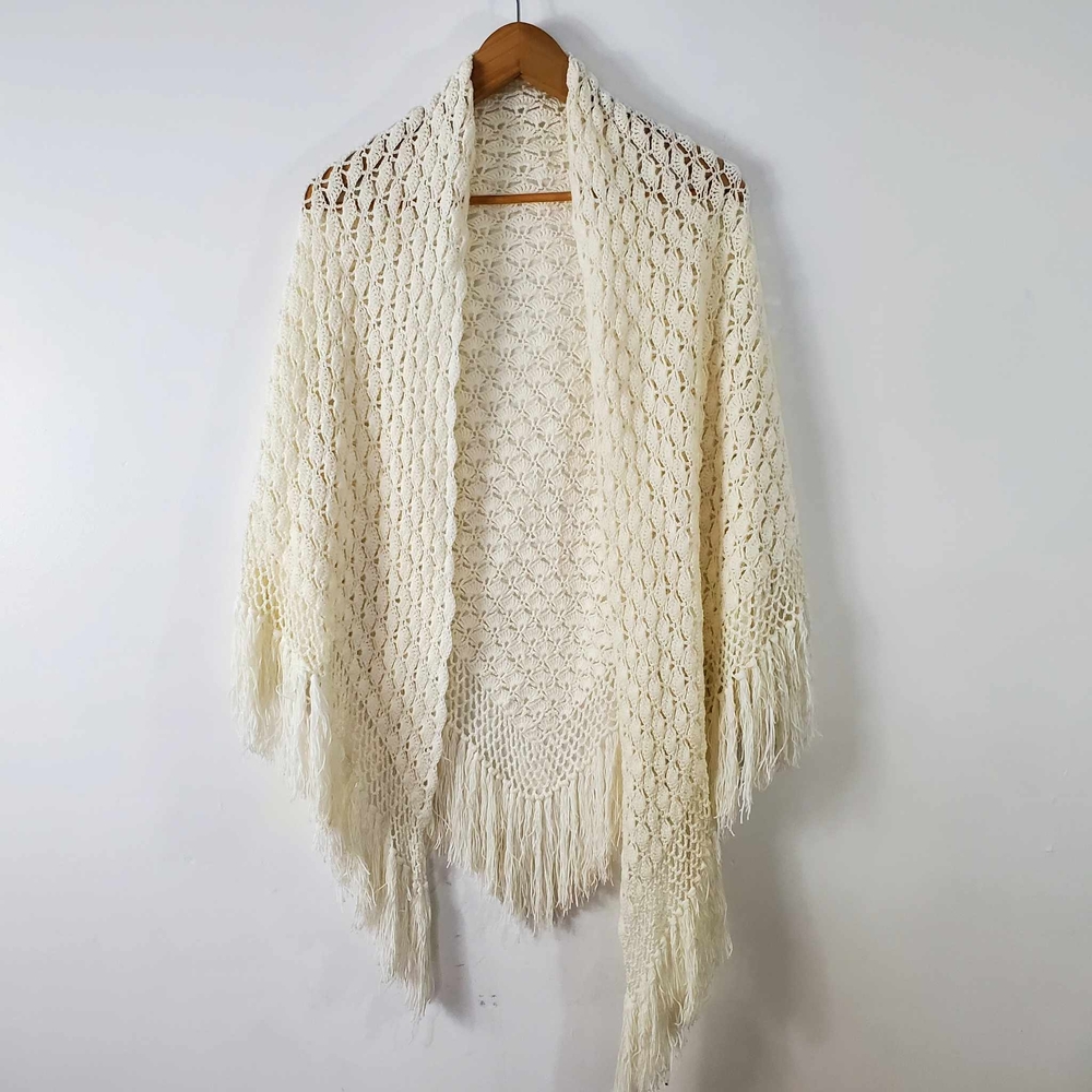 Handmade Cream Open-Knit Wrap with Fringe